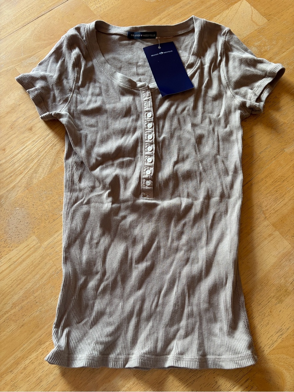 Brandy Melville Ribbed Henley Tee in Taupe